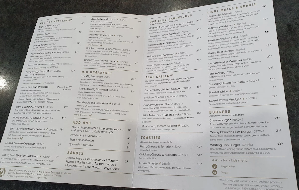 Menu, The Coffee Club - Centro Nepean