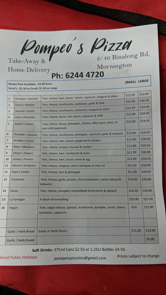 Menu, Pompeo's Pizza