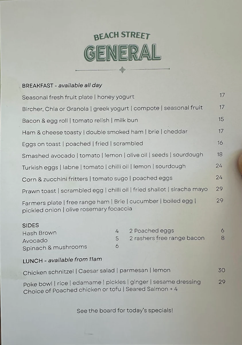 Menu, Beach Street General Coogee