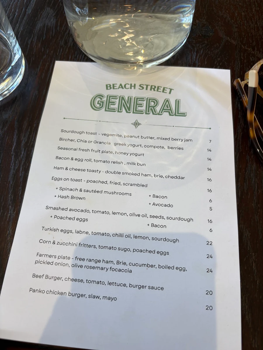 Menu, Beach Street General Coogee