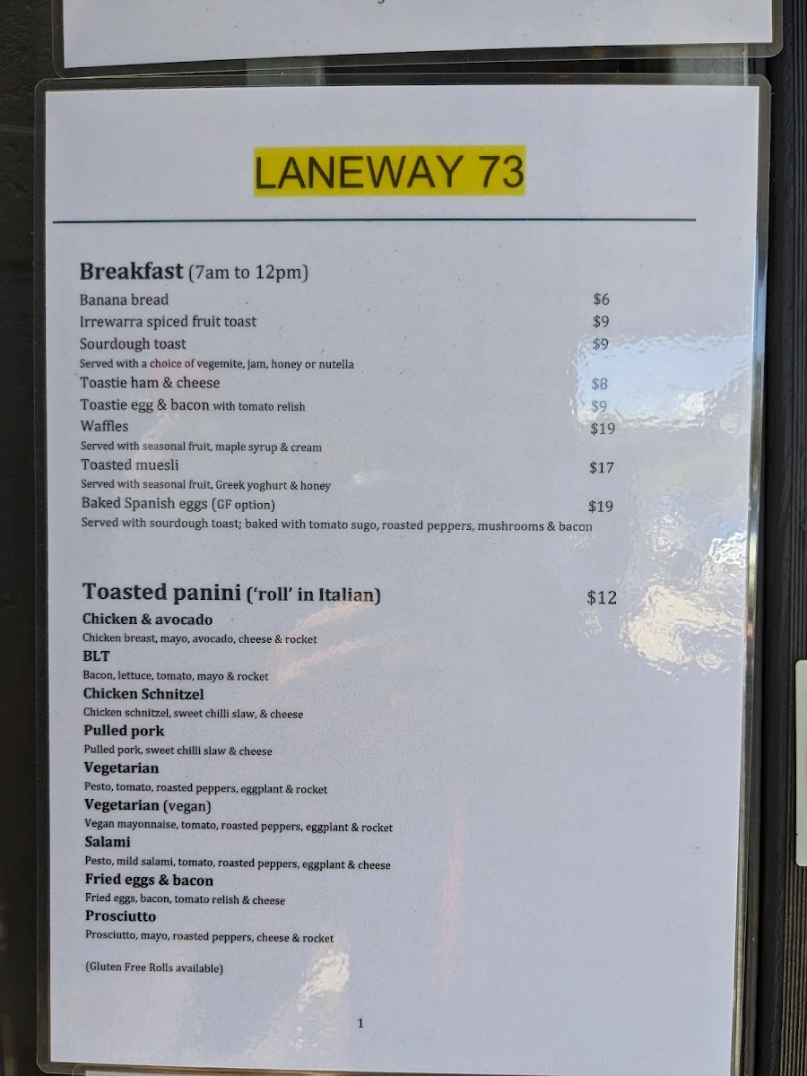 Menu, Laneway 73 Cafe Anglesea