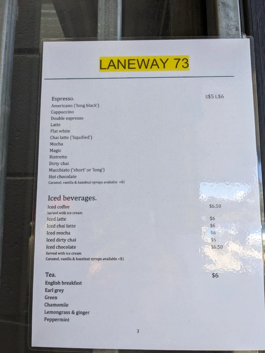 Menu, Laneway 73 Cafe Anglesea