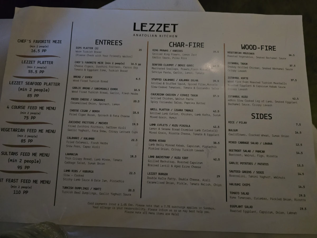 Menu, Lezzet Anatolian Restaurant