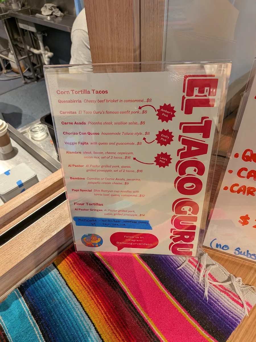 Menu, El Taco Guru and Son