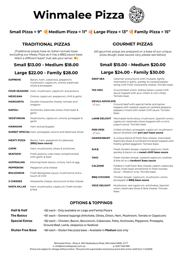 Menu, Winmalee Pizza