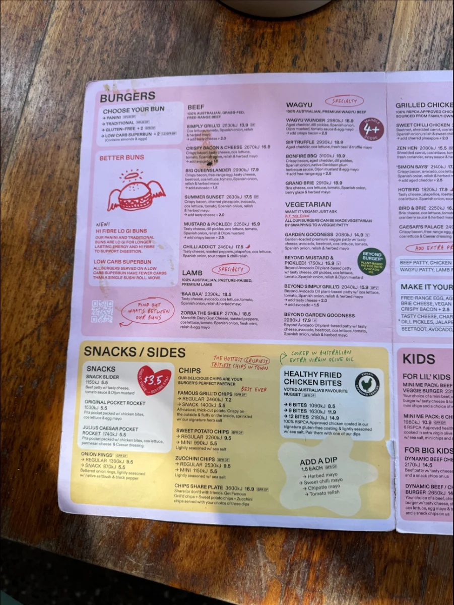 Menu, Grill'd Burgers - Surfers Paradise