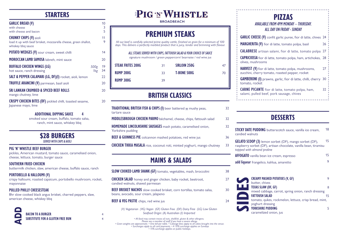Menu, Pig 'N' Whistle Broadbeach