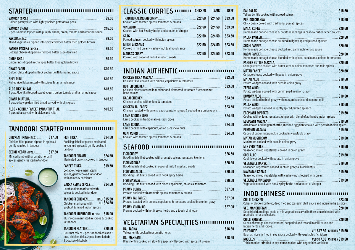 Menu, D'Tandoor Restaurant