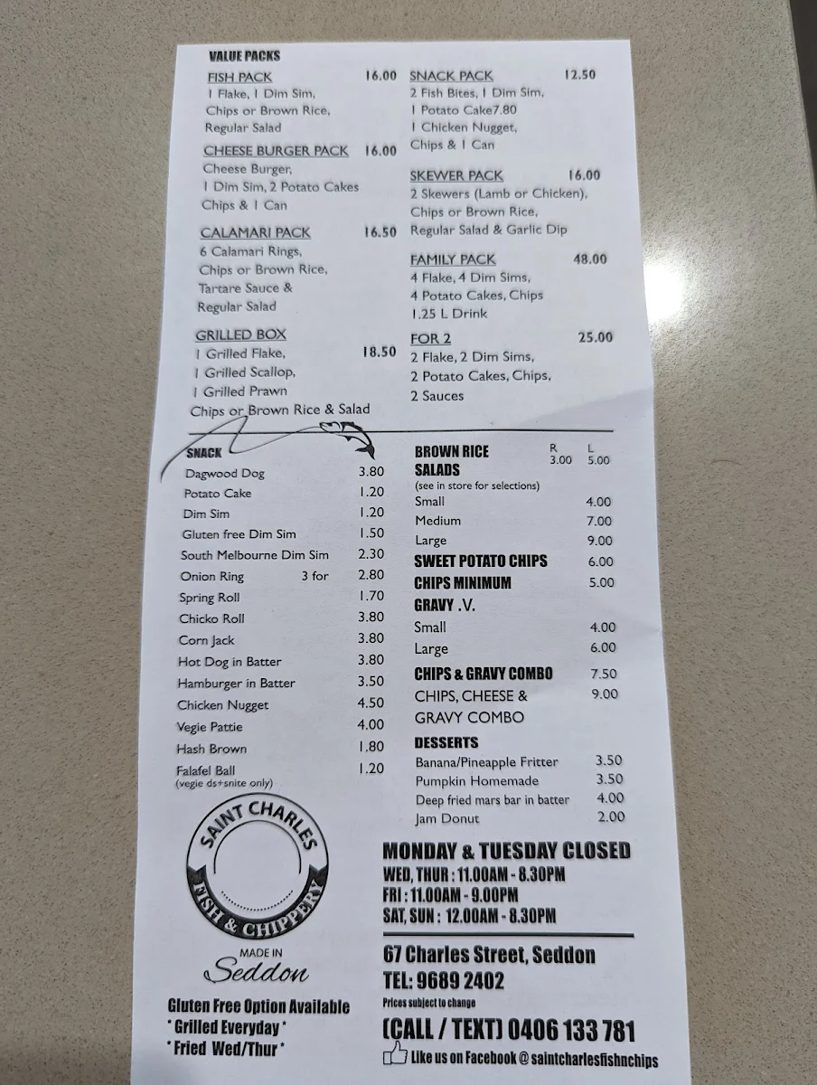 Menu, Saint Charles Fish & Chippery