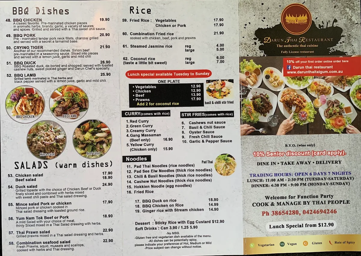 Menu, Darun Thai Restaurant