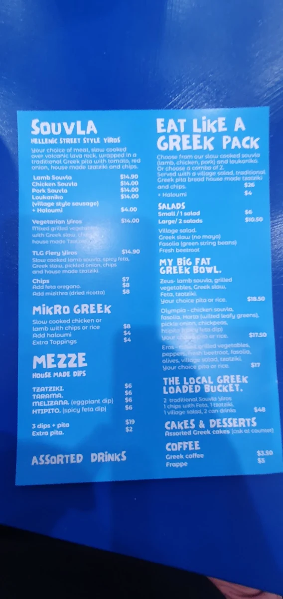 Menu, THE LOCAL GREEK