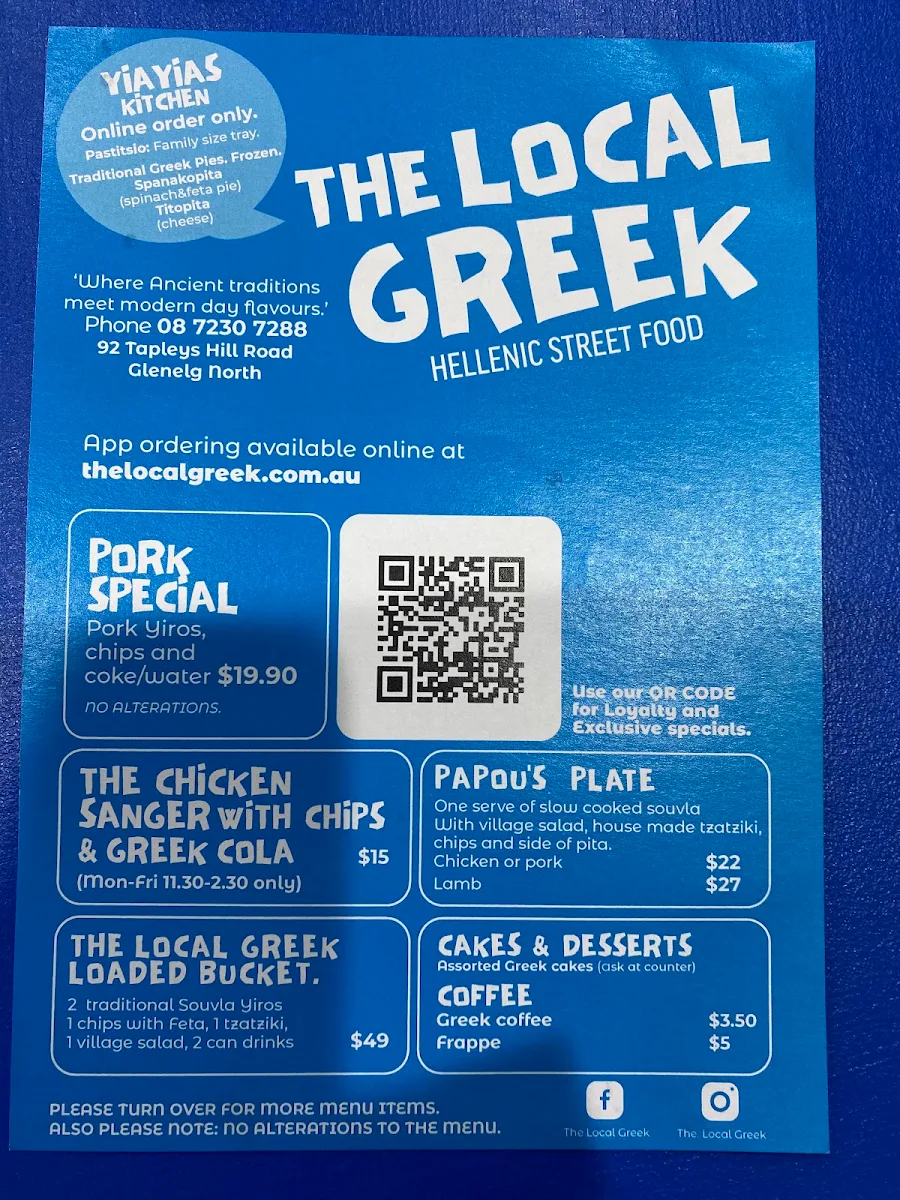 Menu, THE LOCAL GREEK