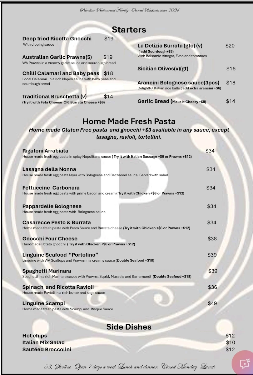 Menu, Piccolino Restaurant