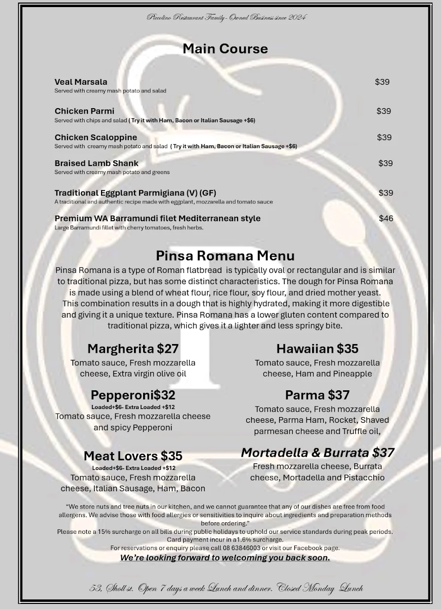 Menu, Piccolino Restaurant