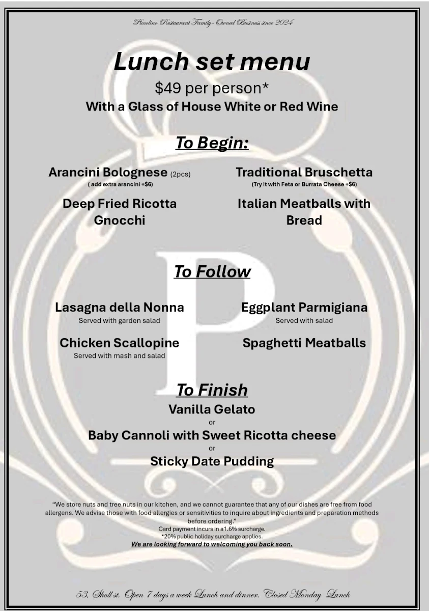 Menu, Piccolino Restaurant