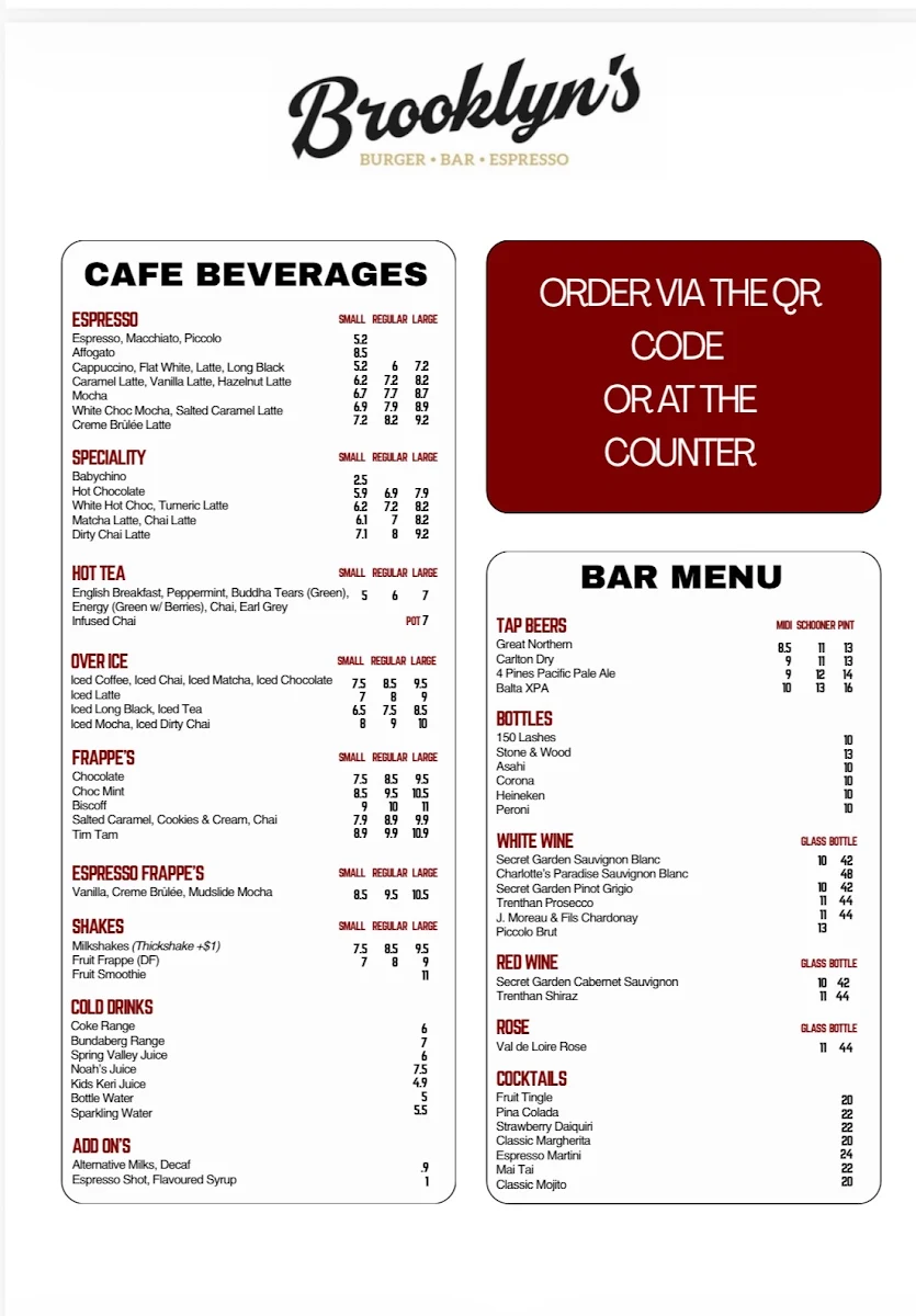 Menu, Brooklyn's Burger Bar Espresso Park Beach Plaza