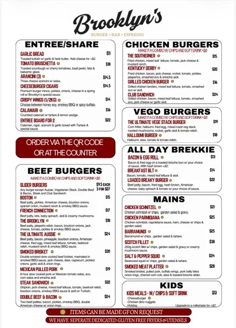 Menu, Brooklyn's Burger Bar Espresso Park Beach Plaza