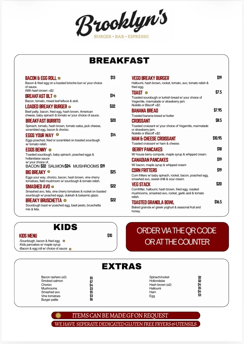 Menu, Brooklyn's Burger Bar Espresso Park Beach Plaza