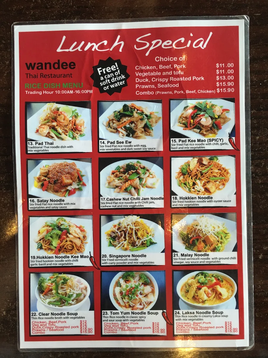 Menu, Wandee Thai Restaurant (Umina Beach)