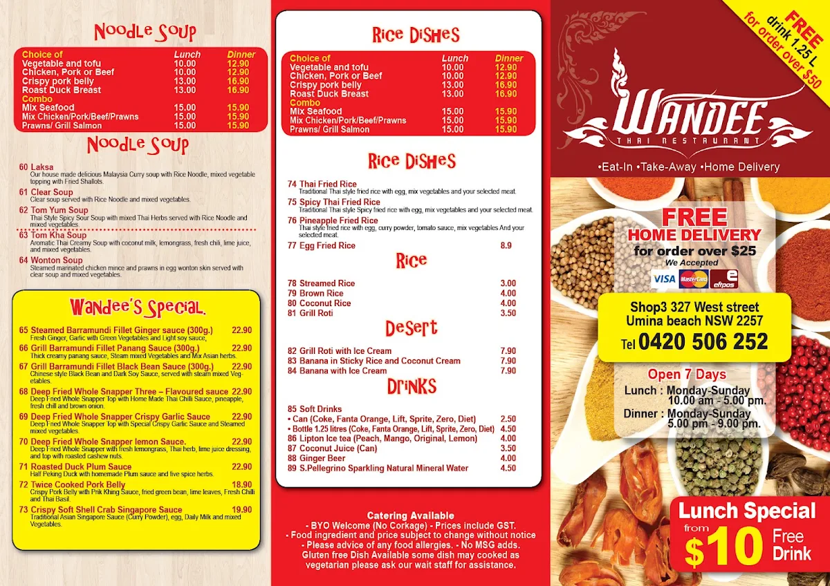 Menu, Wandee Thai Restaurant (Umina Beach)