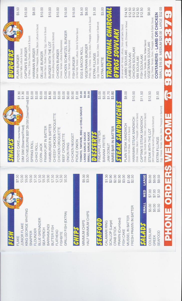 Menu, Captain Gummy's Fish & Chips
