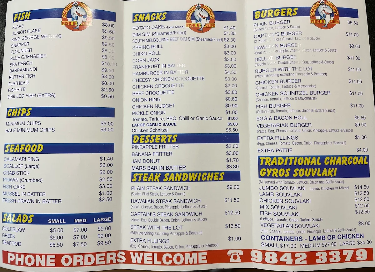 Menu, Captain Gummy's Fish & Chips