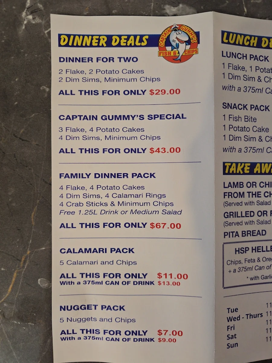 Menu, Captain Gummy's Fish & Chips