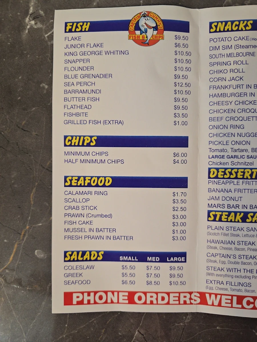 Menu, Captain Gummy's Fish & Chips