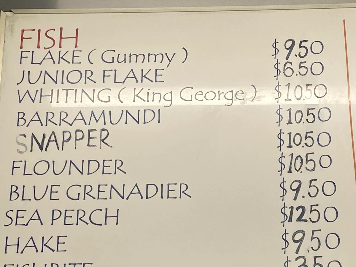 Menu, Captain Gummy's Fish & Chips