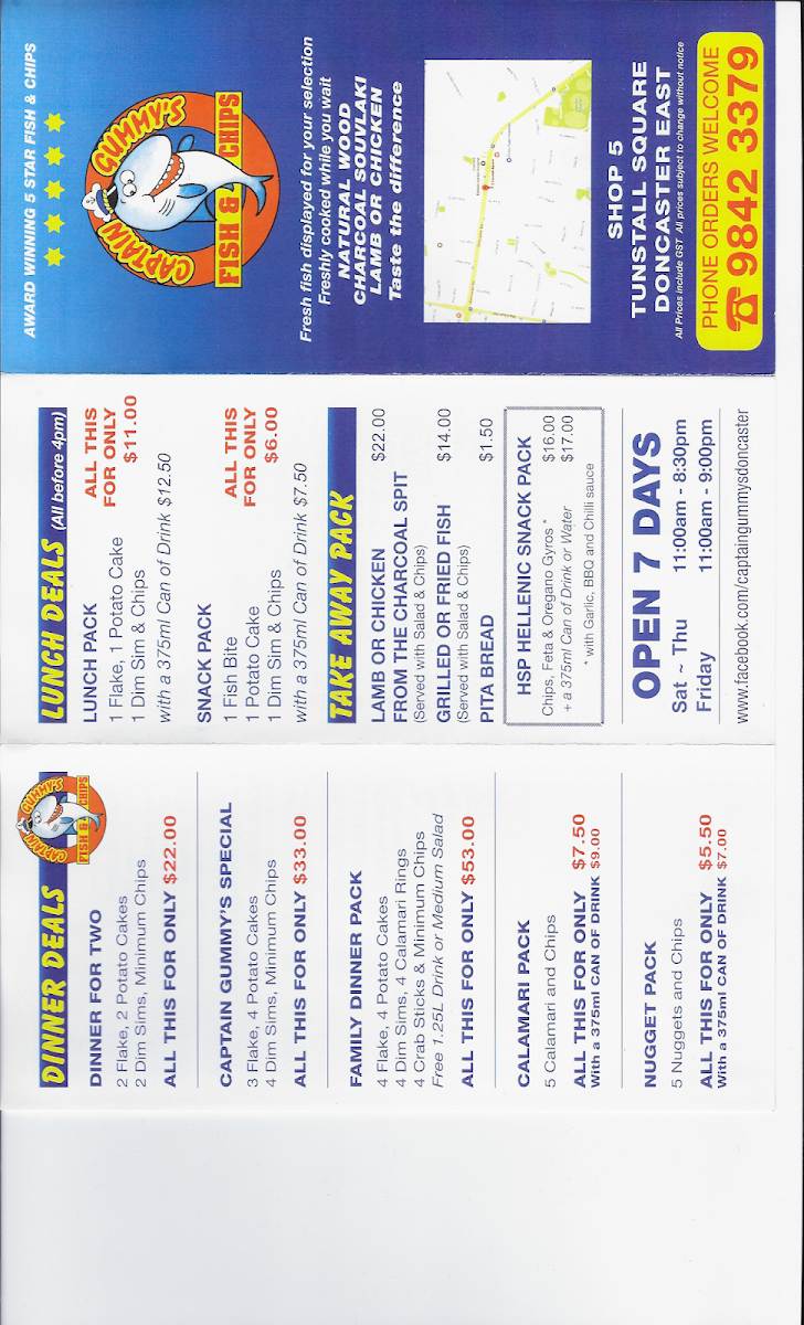 Menu, Captain Gummy's Fish & Chips