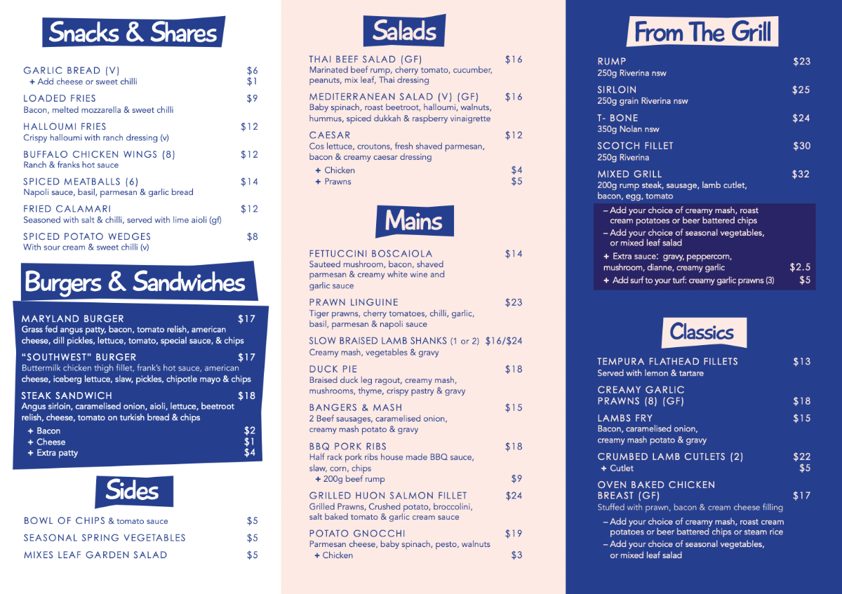Menu, Maryland Tavern
