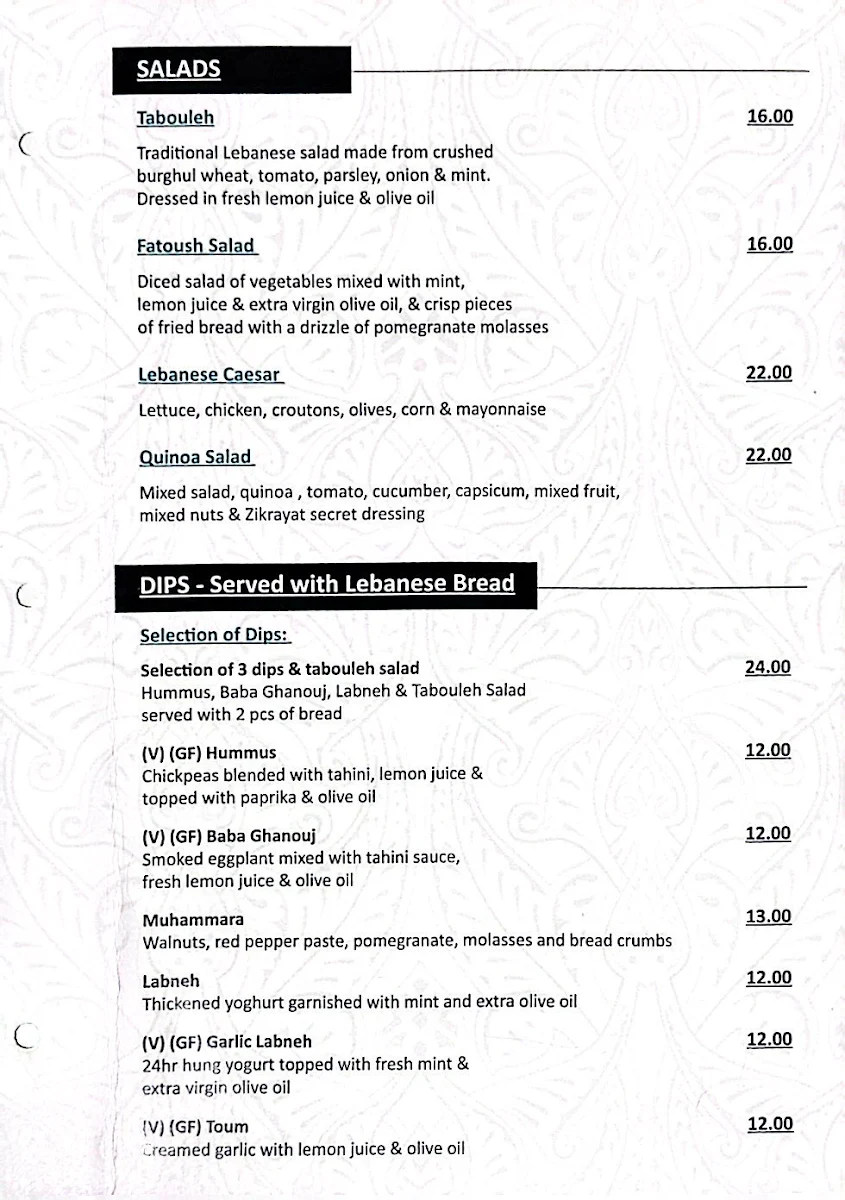 Menu, Zikrayat Lebanese Cuisine