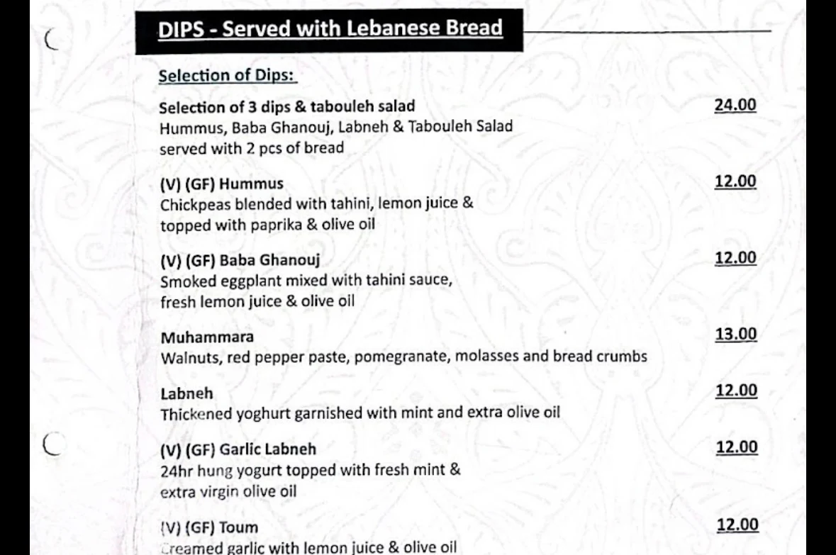 Menu, Zikrayat Lebanese Cuisine