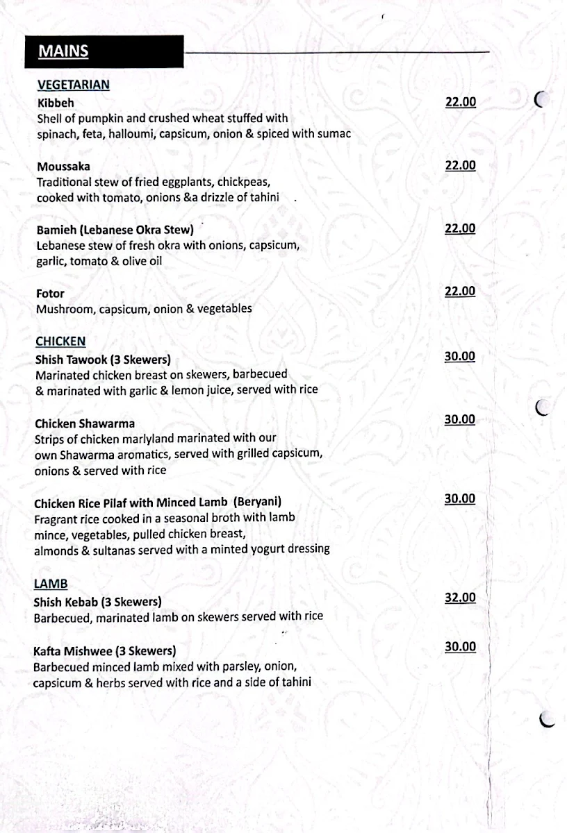 Menu, Zikrayat Lebanese Cuisine