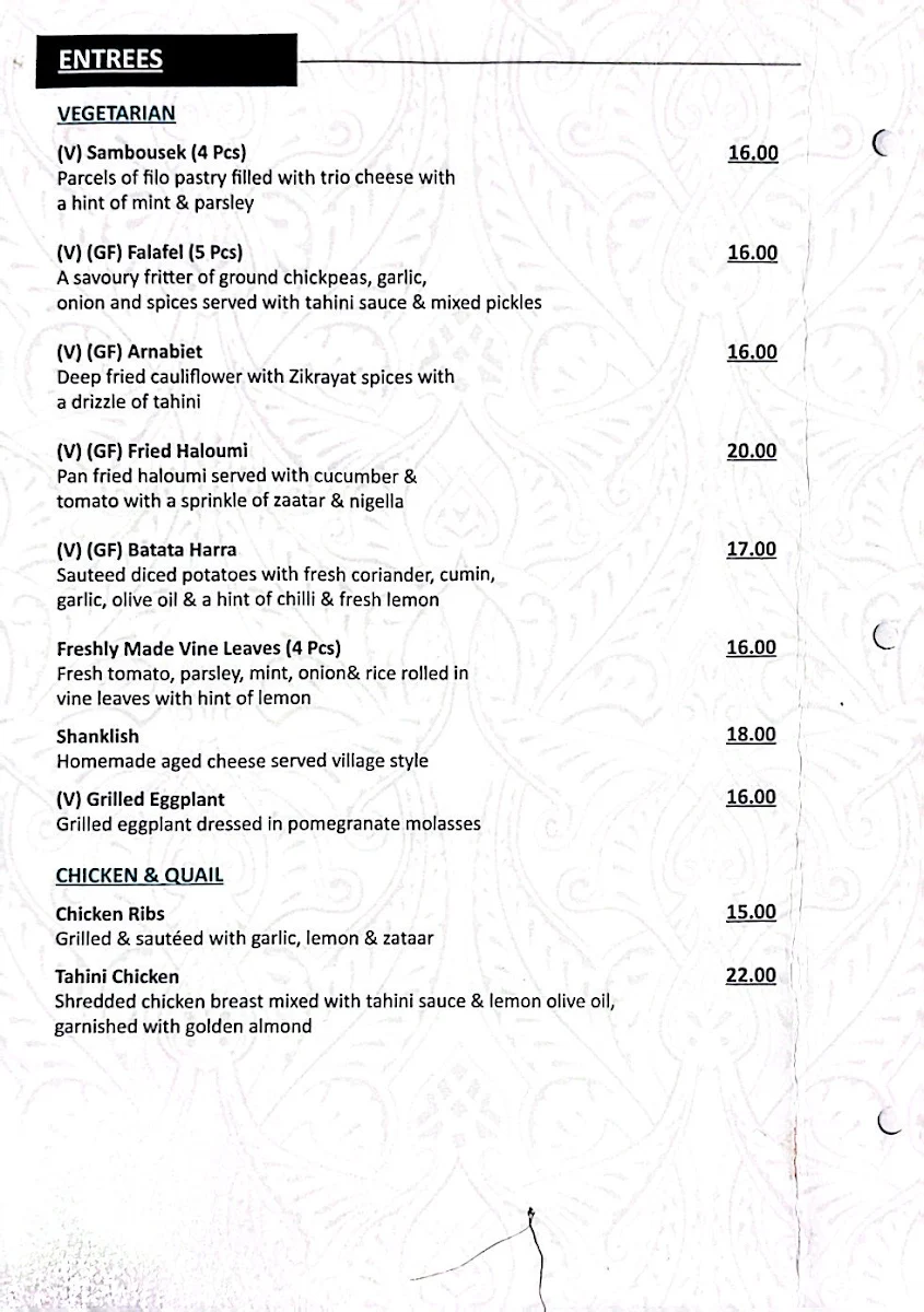 Menu, Zikrayat Lebanese Cuisine
