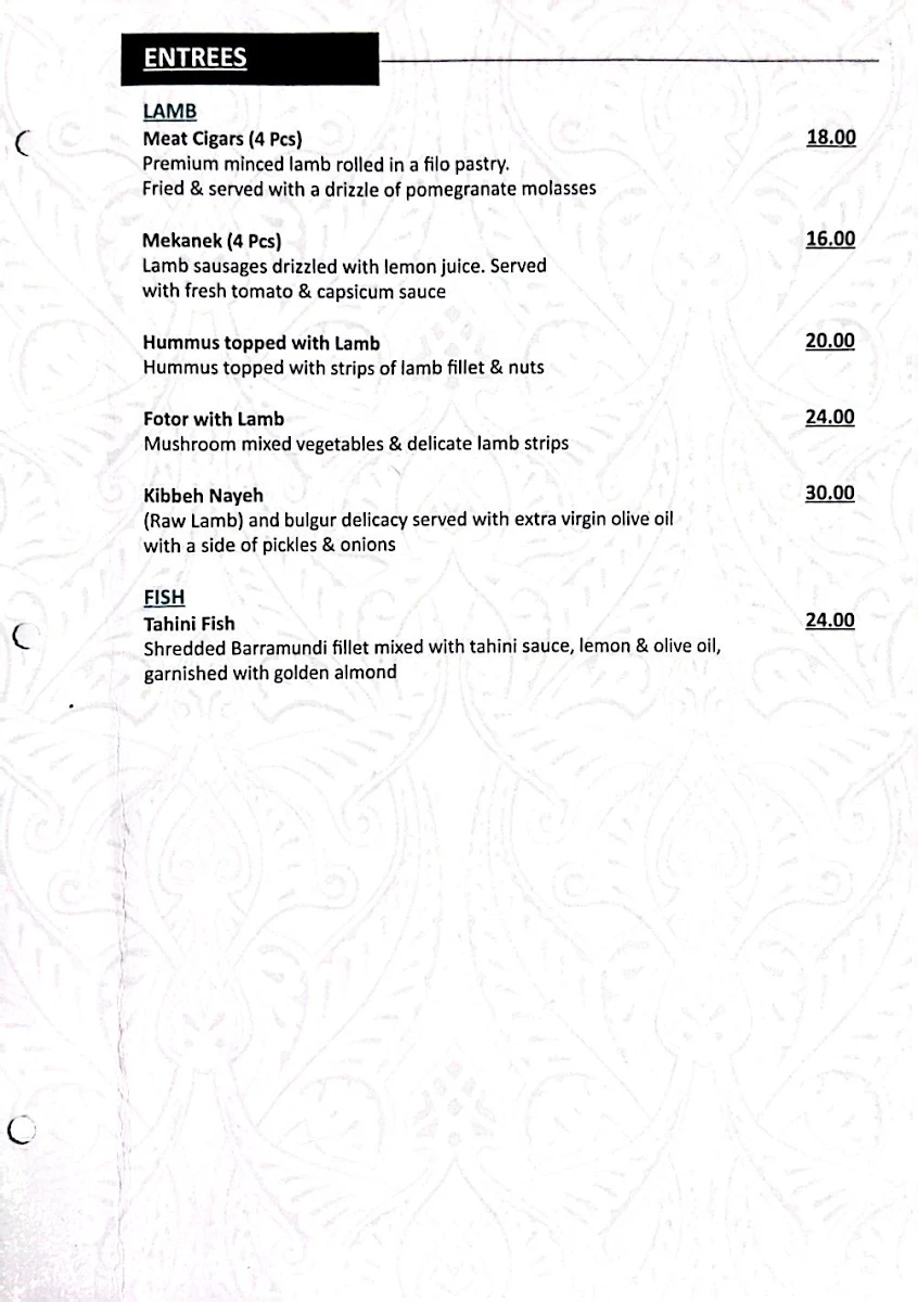Menu, Zikrayat Lebanese Cuisine