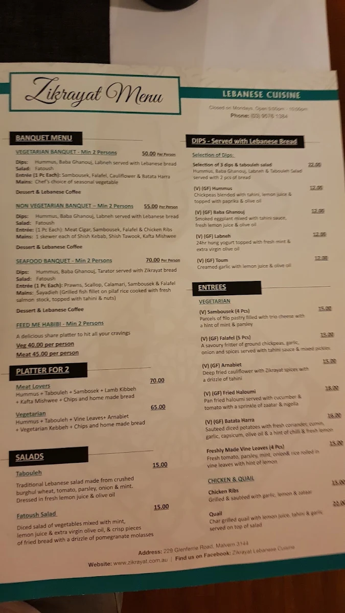 Menu, Zikrayat Lebanese Cuisine