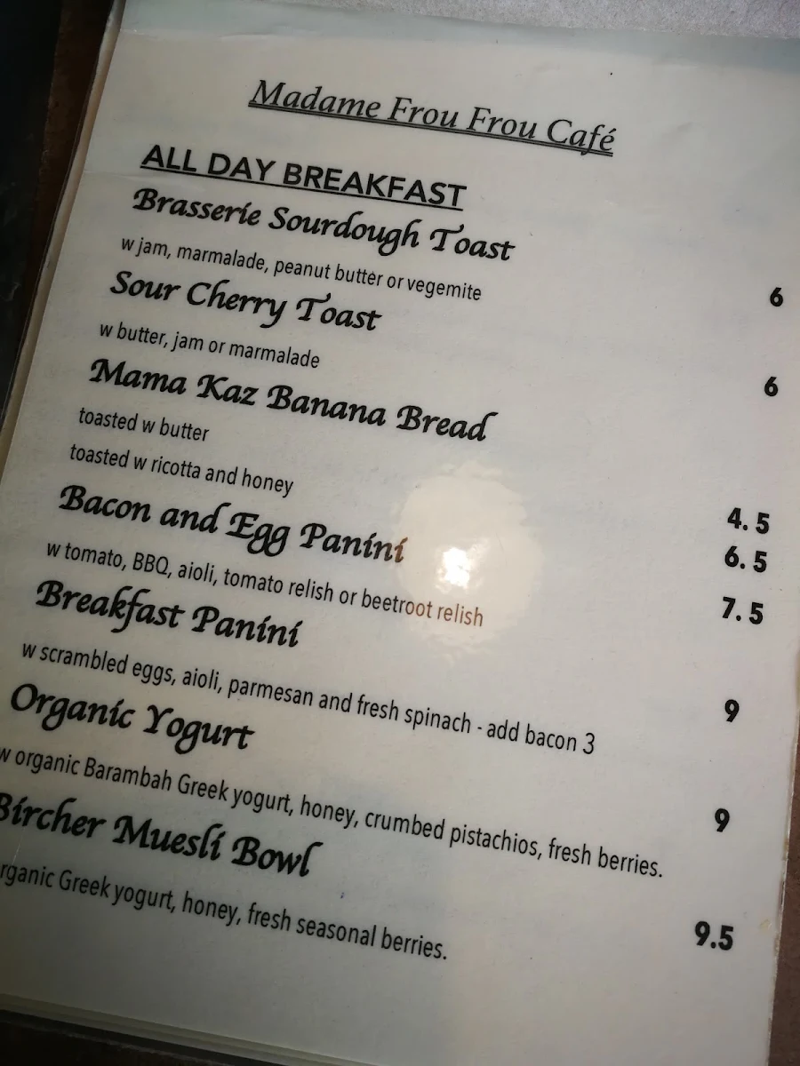 Menu, Madame Frou Frou