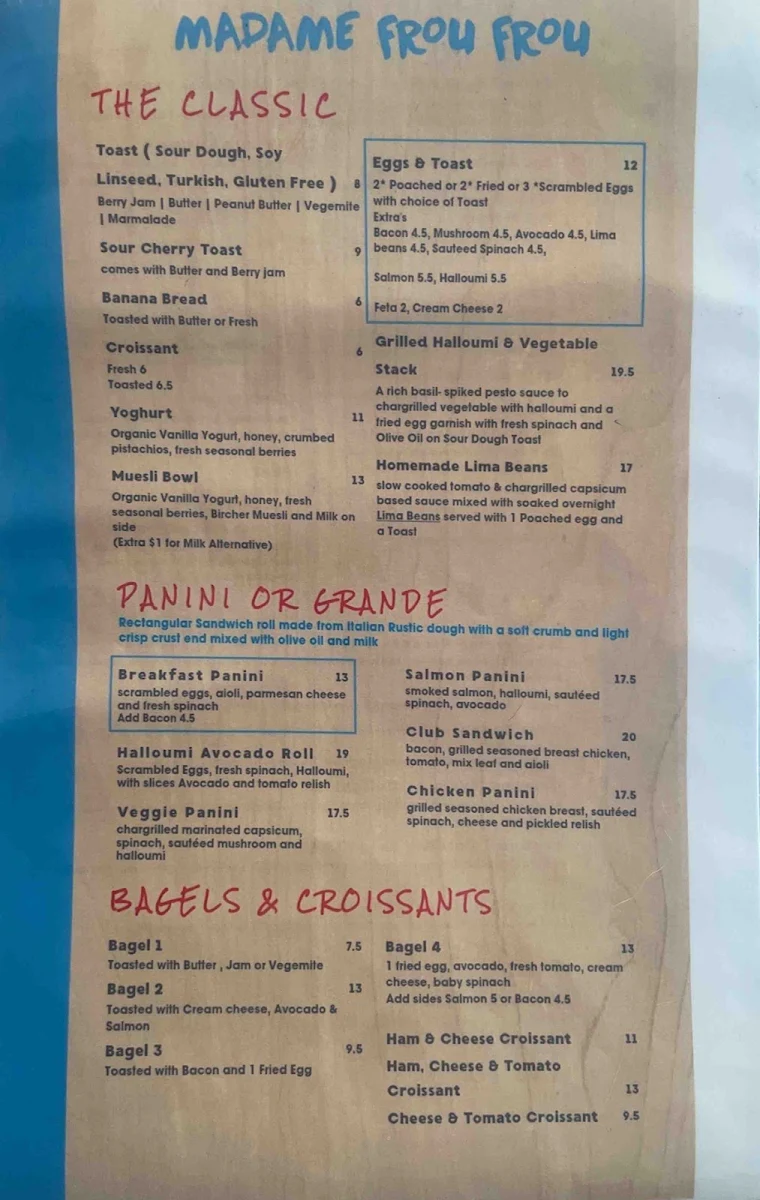 Menu, Madame Frou Frou