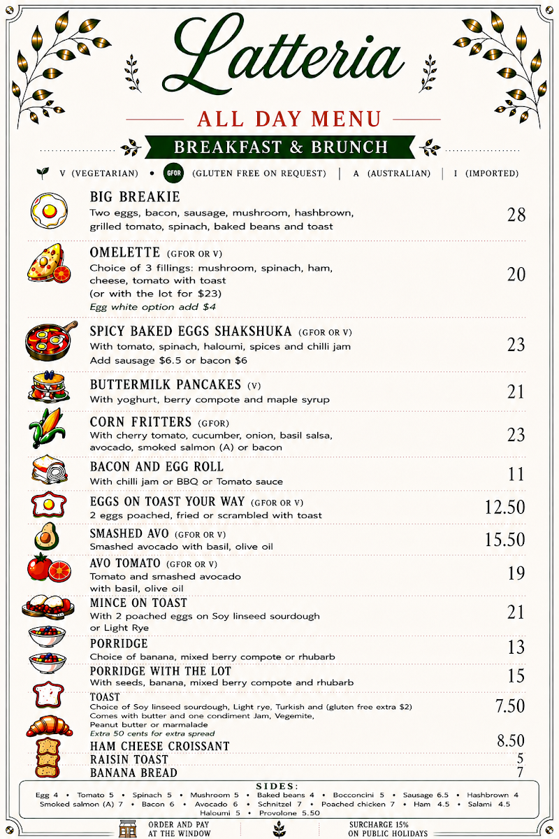 Menu, Latteria.