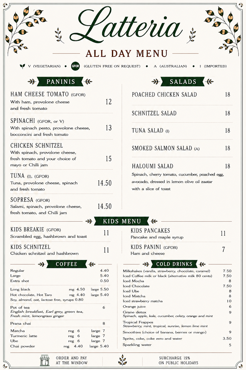 Menu, Latteria.