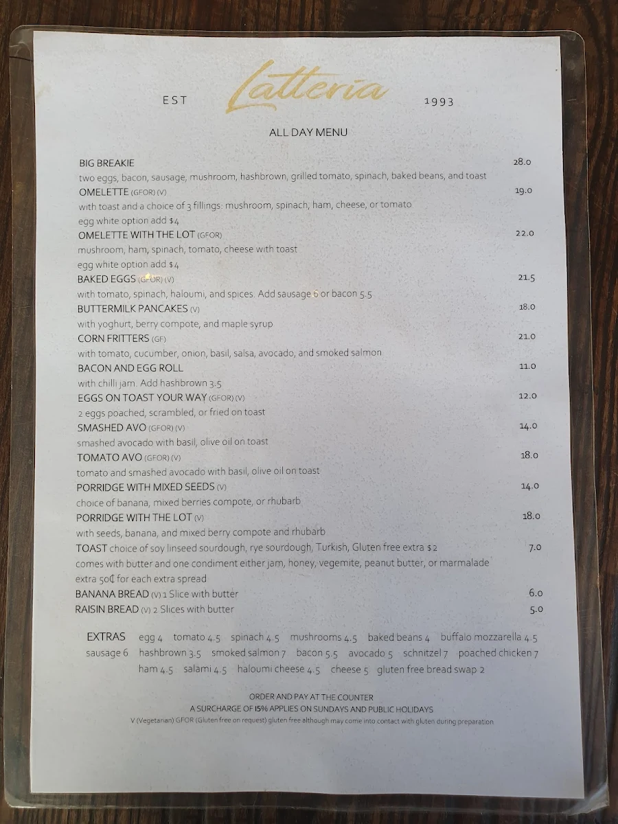 Menu, Latteria.