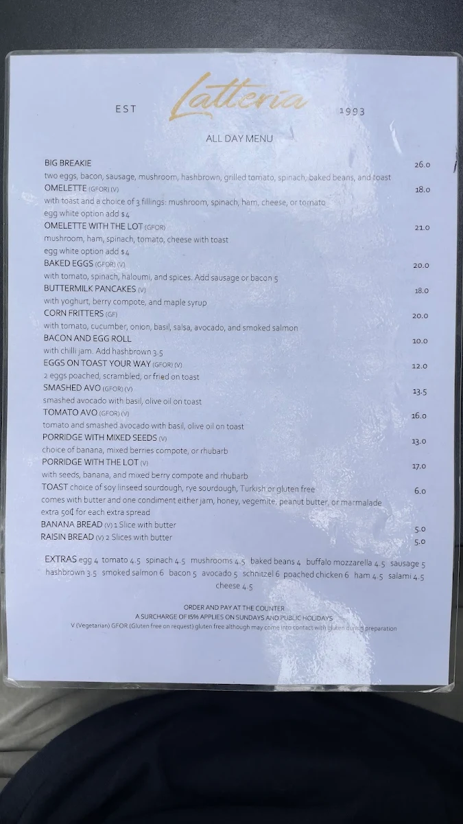 Menu, Latteria.