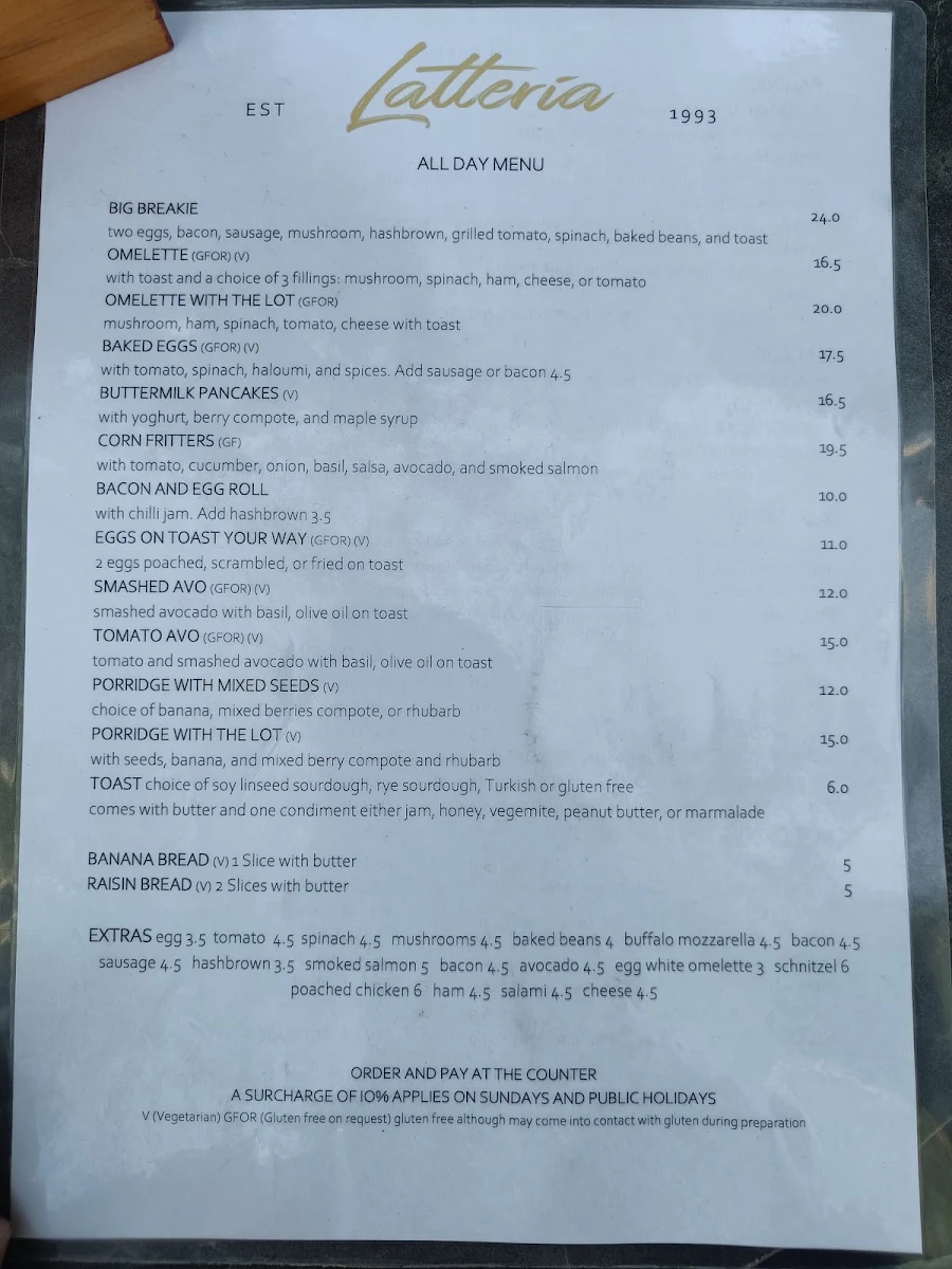 Menu, Latteria.