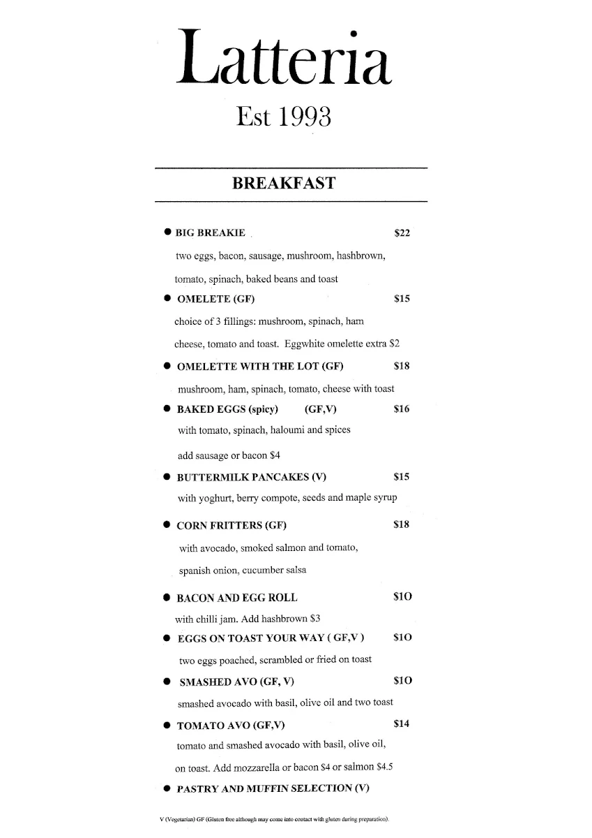 Menu, Latteria.