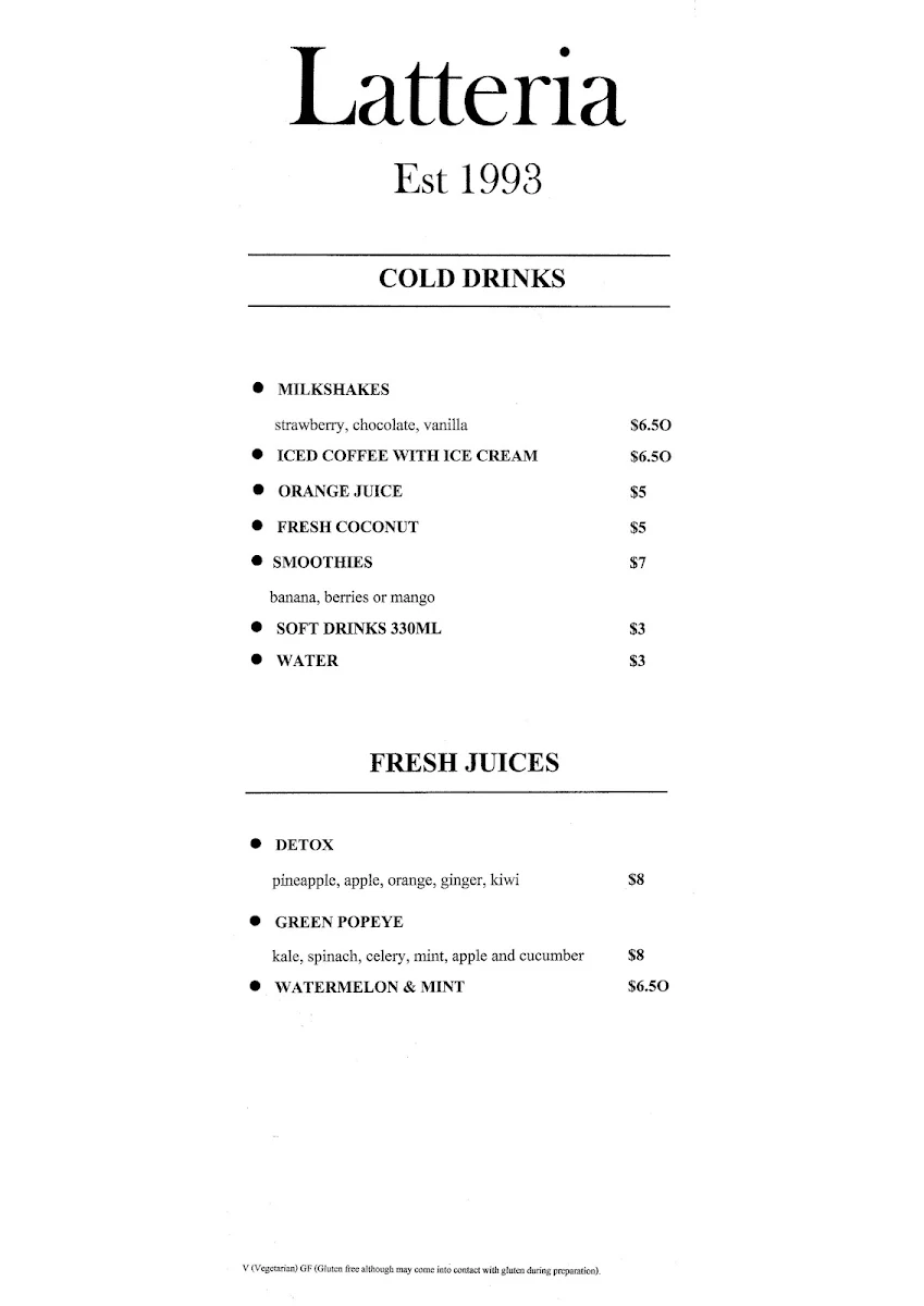 Menu, Latteria.