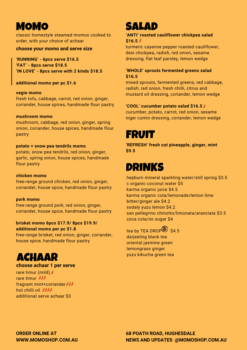 Menu, momo shop