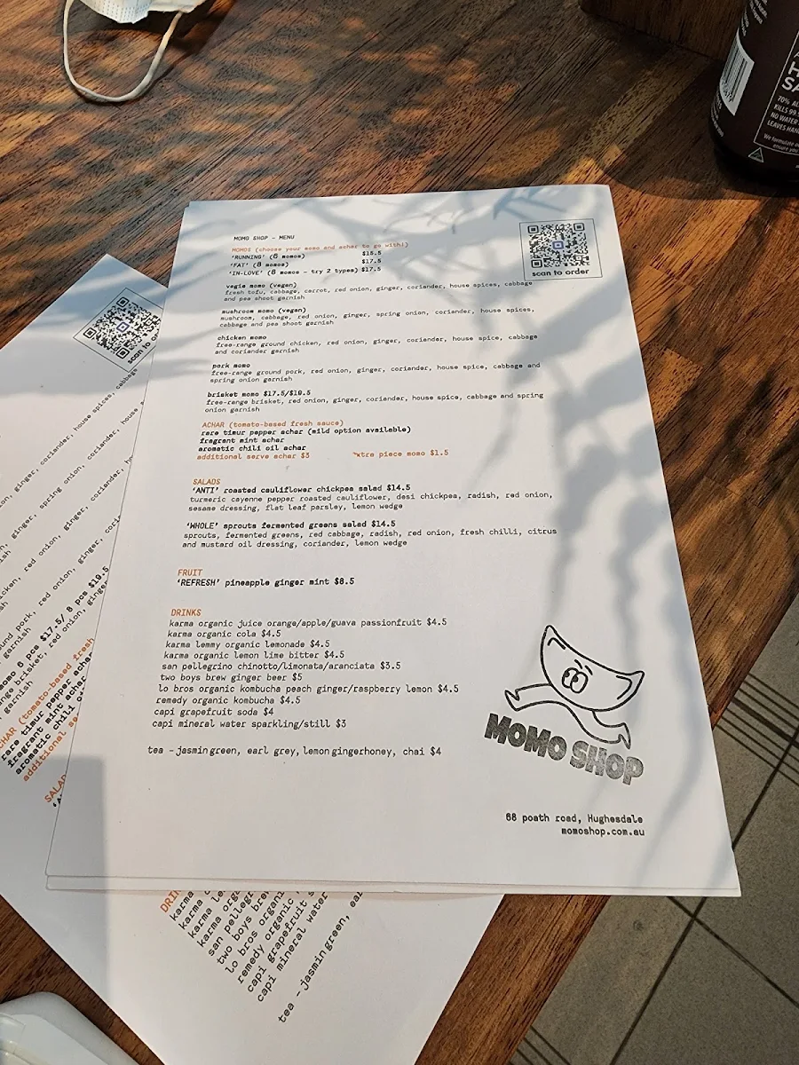 Menu, momo shop
