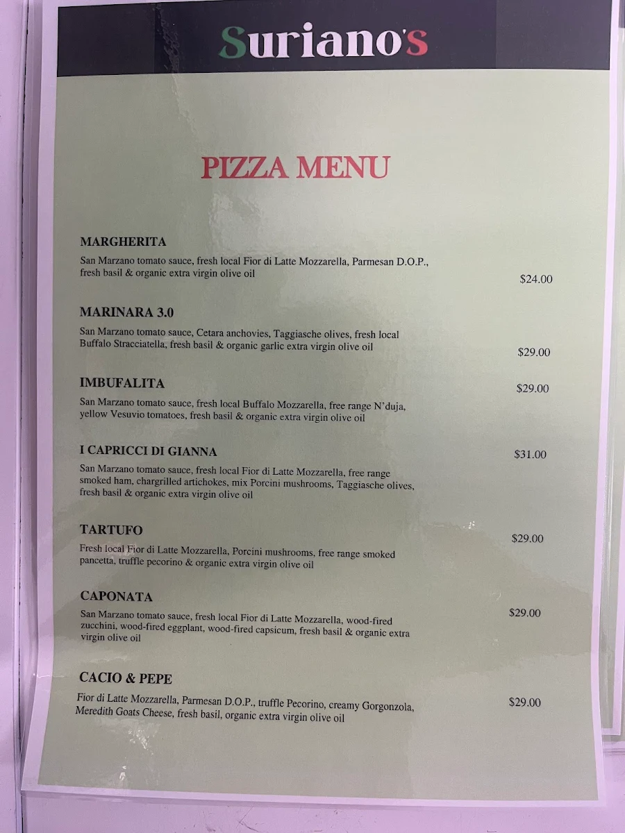 Menu, Suriano's