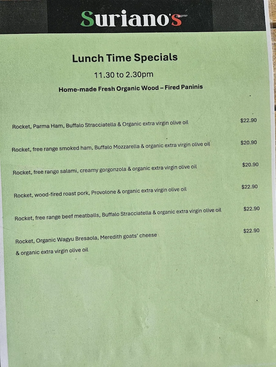 Menu, Suriano's